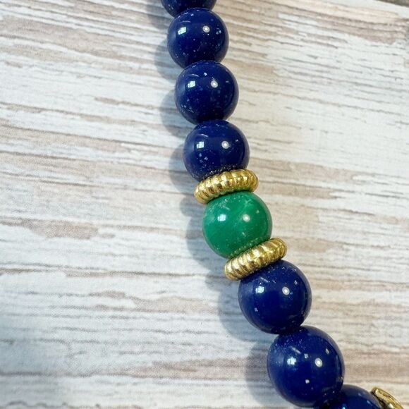 Vintage Avon Blue Green Gold Bead Necklace Rhinestone & Cabochon Center 20" - Picture 6 of 10